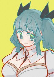 Rule 34 | 1girl, aqua eyes, aqua hair, arms at sides, assault lily, between breasts, black necktie, black ribbon, blush, breasts, cleavage, closed mouth, collared shirt, commentary request, hair ribbon, highres, large breasts, looking at viewer, medium hair, meme (lm0009aetklim), necktie, necktie between breasts, odaiba girls high school uniform, puffy sleeves, ribbon, school uniform, shirt, sidelocks, simple background, smile, solo, suzuki chinami, twintails, upper body, white shirt, yellow background
