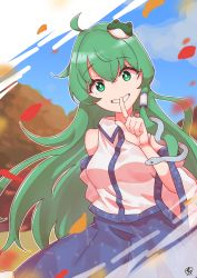 Rule 34 | 1girl, absurdres, ahoge, blue skirt, bright pupils, collared shirt, cowboy shot, detached sleeves, finger to mouth, frog hair ornament, green eyes, green hair, hair ornament, hair tubes, highres, index finger raised, kochiya sanae, long hair, nontraditional miko, outdoors, shirt, skirt, smile, snake hair ornament, solo, standing, touhou, tree, white pupils, white shirt, wide sleeves, zanasta0810
