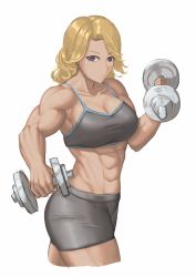 1girl abs blonde_hair blue_eyes breasts dumbbell female_focus highres muscular ranma_(kamenrideroz) solo