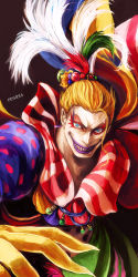 Rule 34 | 1990s (style), 1boy, blonde hair, blue eyes, cefca palazzo, clown, earrings, final fantasy, final fantasy vi, hair ornament, highres, jewelry, looking at viewer, male focus, solo