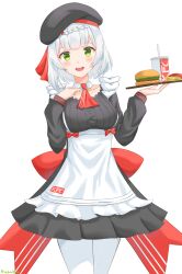 Rule 34 | 1girl, absurdres, apron, ascot, back bow, beret, blunt bangs, bow, braid, breasts, burger, commentary, cowboy shot, cup, detached collar, disposable cup, dress, drinking straw, fast food, food, french fries, genshin impact, green eyes, hand on own chest, hat, highres, holding, holding tray, kfc, kyujuukyu, long sleeves, looking at viewer, medium breasts, noelle (genshin impact), noelle (kfc) (genshin impact), open mouth, pantyhose, short hair, smile, solo, tray, waitress, white hair, white pantyhose