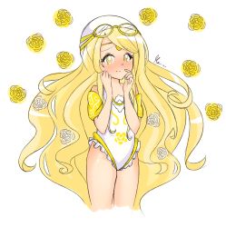 Rule 34 | 1girl, absurdres, aphrodite (nyanko daisensou), artist name, blonde hair, blush, embarrassed, flat chest, floral print, flower, frown, goggles, goggles on headwear, hair flower, hair ornament, highres, hip focus, long hair, maiini, nyanko daisensou, one-piece swimsuit, swept bangs, swim cap, swimsuit, thighs, very long hair, wavy hair, white background, white one-piece swimsuit, yellow eyes