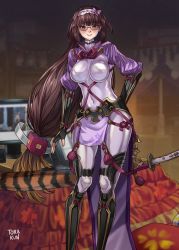 Rule 34 | 1girl, absurdres, arm guards, armor, black gloves, black hair, bodysuit, breasts, brown hair, cosplay, covered navel, fate/grand order, fate (series), fingerless gloves, glasses, gloves, gradient hair, highres, japanese armor, kote, large breasts, loincloth, long hair, minamoto no raikou (fate), minamoto no raikou (fate) (cosplay), multicolored hair, osakabehime (fate), purple bodysuit, purple eyes, ribbed sleeves, rope, smile, solo, standing, suneate, tabard, torakun14, very long hair