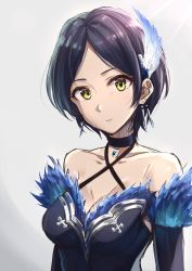 Rule 34 | 10s, 1girl, bare shoulders, black ribbon, blue dress, blue hair, breasts, choker, cleavage, collarbone, commentary request, criss-cross halter, detached sleeves, dress, earrings, feather hair ornament, feathers, feather hair ornament, halterneck, hayami kanade, highres, idolmaster, idolmaster cinderella girls, jewelry, light rays, looking at viewer, neck ribbon, pendant, ribbon, short hair, simple background, smile, solo, takeashiro, yellow eyes