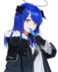 Rule 34 | 1girl, absurdres, aqua eyes, arknights, black coat, black gloves, blue hair, blue tongue, blush, buckle, closed mouth, coat, colored tongue, daya (13urntsienna), food, fur-trimmed coat, fur trim, gloves, halo, hand up, highres, holding, holding food, holding popsicle, hood, hooded coat, horns, licking, long hair, long sleeves, looking at viewer, mostima (arknights), open clothes, open coat, popsicle, shirt, simple background, smile, snap-fit buckle, solo, tongue, tongue out, upper body, white background, white shirt