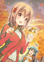 Rule 34 | 10s, 2girls, :3, :d, ahoge, autumn leaves, bag, blue hair, bow, brown eyes, brown hair, center frills, commentary request, crepe, eating, feeding, flower, food, food on face, frills, hair bow, hair flower, hair ornament, hairclip, hairpin, handbag, hinako note, incoming food, jacket, jewelry, march-bunny, multiple girls, natsukawa kuina, necklace, open mouth, original, pov feeding, sakuragi hinako, smile, spoon