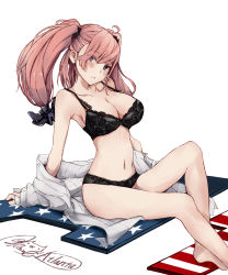 Rule 34 | 1girl, ahoge, anchor hair ornament, atlanta (kancolle), bare legs, bare shoulders, barefoot, black bra, black panties, blush, bra, breasts, brown hair, character name, cleavage, collarbone, commentary request, hair ornament, head tilt, highres, kantai collection, large breasts, long hair, long sleeves, looking at viewer, navel, off shoulder, open clothes, open shirt, panties, parted lips, purple eyes, rizzl, shirt, signature, simple background, sitting, smile, solo, stomach, twintails, underwear, white background, white shirt
