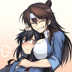 Rule 34 | 2girls, between breasts, black hair, blush, breast smother, breasts, brown hair, face to breasts, gradient background, grin, hand on another&#039;s head, head between breasts, headband, hetza (hellshock), hug, large breasts, long hair, multiple girls, original, red eyes, school uniform, smile