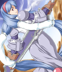 Rule 34 | 1girl, anastasia valeria, armor, armored dress, ass, blue hair, day, dress, dutch angle, from behind, gloves, hair ornament, hairband, huge weapon, jon shicchiou, long hair, looking back, outdoors, red eyes, red hairband, sky, smile, solo, sword, twintails, very long hair, weapon, wild arms, wild arms 2