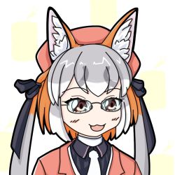 Rule 34 | animal ears, blazer, gloves, hat, island fox (kemono friends), jacket, kemono friends, kemono friends v project, long hair, necktie, school uniform, shirt, shoes, silver hair, skirt, smile, solo, tail, twintails, virtual youtuber
