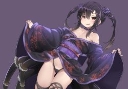 Rule 34 | 1girl, black hair, black panties, black widow (spider), blush, breasts, cameltoe, clothes lift, collarbone, cowboy shot, crotch, dutch angle, fang, flower, gluteal fold, groin, hair flower, hair ornament, hair ribbon, high-waist panties, arthropod girl, itou ryuusei, japanese clothes, kimono, kimono lift, leaf print, long sleeves, looking at viewer, medium hair, monster girl, nail polish, obi, open mouth, original, panties, purple background, purple flower, purple kimono, purple nails, red eyes, ribbon, sash, small breasts, smile, solo, spider girl, arthropod limbs, standing, thigh strap, thighs, two side up, underwear, wide sleeves