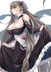 Rule 34 | 1girl, absurdly long hair, azur lane, black nails, blush, breasts, cleavage, collar, commentary request, corset, curtsey, dress, earrings, formidable (azur lane), frilled dress, frills, from side, highres, holding clothes, holding dress, jewelry, large breasts, long hair, looking at viewer, nail polish, numaguro (tomokun0808), platinum blonde hair, red eyes, solo, twintails, very long hair, white background