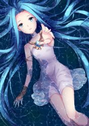 Rule 34 | 10s, 1girl, absurdres, afloat, amane tari, armlet, blue eyes, blue hair, dress, gem, granblue fantasy, highres, jewelry, light particles, light smile, long hair, looking at viewer, lyria (granblue fantasy), matching hair/eyes, outstretched arm, parted lips, partially submerged, reaching, sleeveless, sleeveless dress, smile, solo, water, white dress
