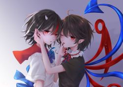 Rule 34 | 2girls, absurdres, ahoge, black hair, blue bow, blue bowtie, bow, bowtie, commentary, cross, cross earrings, earrings, face-to-face, grey background, grey horns, hand on another&#039;s cheek, hand on another&#039;s chin, hand on another&#039;s face, highres, horns, houjuu nue, jewelry, kijin seija, looking at viewer, miyuna, multicolored hair, multiple earrings, multiple girls, nail polish, neck ribbon, one eye closed, parted lips, pointy ears, polearm, red eyes, red nails, red ribbon, ribbon, sailor collar, short hair, short sleeves, streaked hair, stud earrings, touhou, trident, upper body, waist bow, weapon, wings, yuri