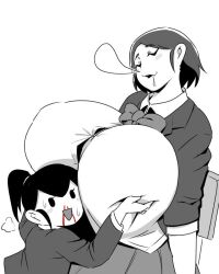 Rule 34 | 2girls, :3, blood, bow, bowtie, breasts, bursting breasts, closed eyes, drooling, gigantic breasts, grabbing, grabbing another&#039;s breast, kukeiha (squarewave29), monochrome, multiple girls, nose bubble, nosebleed, ponytail, school uniform, short hair, size difference, sleeping, spot color, white background, yuri