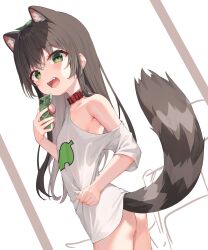 Rule 34 | 1girl, absurdres, animal ear fluff, animal ears, bottomless, breasts, brown hair, cellphone, collar, crime prevention buzzer, green eyes, highres, leaf, leaf on head, leaf print, long hair, mannack, naked shirt, off shoulder, open mouth, original, phone, raccoon ears, raccoon girl, raccoon tail, shirt, short sleeves, small breasts, smartphone, tail, white shirt