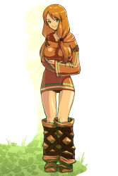 Rule 34 | 1girl, blonde hair, boots, breasts, female focus, final fantasy, final fantasy tactics, geomancer (fft), green eyes, long hair, nawashiro, solo, white background