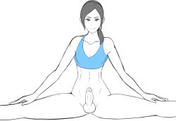 Rule 34 | 1boy, gender request, genderswap, looking at viewer, male focus, monochrome, nintendo, penis, ponytail, sealguy, simple background, smile, solo, spot color, testicles, trap, white background, wii fit, wii fit trainer, wii fit trainer (female)