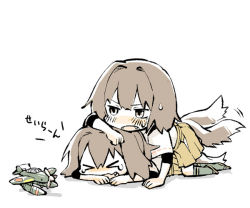 Rule 34 | &gt; &lt;, 10s, 2girls, aircraft, airplane, animal ears, brown hair, dog ears, dog tail, closed eyes, fangs, hyuuga (kancolle), ise (kancolle), japanese clothes, kantai collection, konno akikaze, multiple girls, on person, pale color, pleated skirt, ponytail, sandals, seaplane, skirt, sweat, tail, tail wagging, tears, torihamu, white background