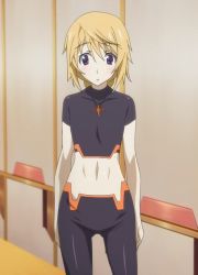 Rule 34 | 10s, 1girl, androgynous, blonde hair, charlotte dunois, female focus, flat chest, highres, infinite stratos, jewelry, navel, necklace, purple eyes, reverse trap, solo, stitched, third-party edit