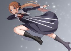 Rule 34 | 1girl, abigail williams (fate), absurdres, action, alternate costume, alternate hairstyle, bare legs, between fingers, black dress, black footwear, black keys (type-moon), blonde hair, blue eyes, blush, boots, bow, closed mouth, commentary request, cosplay, cross-laced footwear, dress, empty eyes, expressionless, fate/grand order, fate (series), from side, full body, gradient background, grey background, hair bow, high heel boots, high heels, highres, holding, holding sword, holding weapon, jumping, knee boots, knee up, kopaka (karda nui), lace-up boots, light particles, long hair, low ponytail, midair, no pupils, nun, parted bangs, ponytail, sidelocks, sleeve cuffs, solo, sword, tsukihime, tsukihime (remake), weapon