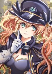 Rule 34 | 1girl, black ribbon, blonde hair, blue capelet, blue eyes, blue hat, breasts, capelet, chaos gerda (gakuen) (grimms notes), cleavage, gloves, grimms notes, hat, long hair, oekakinonbiri, ribbon, rope, smile, solo, twintails, white gloves