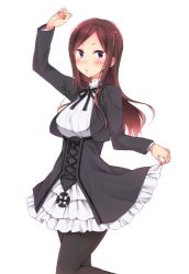 Rule 34 | 1girl, black pantyhose, black ribbon, blush, breasts, brown hair, clothes lift, dorothy (princess principal), from side, highres, large breasts, lifted by self, long hair, long sleeves, looking at viewer, neck ribbon, pantyhose, parted lips, princess principal, ribbon, school uniform, simple background, sk02, skirt, skirt lift, solo, standing, white background