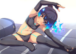 Rule 34 | 1girl, armpits, black sports bra, black thighhighs, blue hair, chest jewel, elbow gloves, fiery hair, fingerless gloves, gloves, glowing lines, highres, looking at viewer, navel, open mouth, panties, sena (xenoblade), side ponytail, solo, sports bra, stomach, stretching, sw (taco), thighhighs, underwear, xenoblade chronicles (series), xenoblade chronicles 3