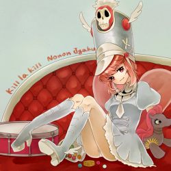 Rule 34 | 10s, 1girl, candy, character name, chewing gum, copyright name, drum, female focus, food, full body, gumball, hat, instrument, jakuzure nonon, kill la kill, looking at viewer, p e c o r a, pink eyes, pink hair, pony (animal), shako cap, shoes, sidelocks, smile, solo, winged footwear, winged hat, wings
