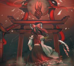 Rule 34 | ander horlo, bare shoulders, bow, crossover, dead space, detached sleeves, from behind, gohei, hair bow, hakurei reimu, hakurei shrine, holding, holding gohei, looking up, marker (dead space), neckerchief, red sky, short hair, sky, tentacles, torii, touhou