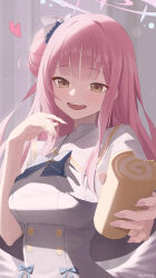 1girl absurdres blue_archive blue_bow bow brown_eyes cake dress feathered_wings food grey_dress halo heart highres holding holding_food looking_at_viewer low_wings mika_(blue_archive) open_mouth pink_hair pink_halo re_naya solo swiss_roll teeth upper_teeth_only white_wings wings