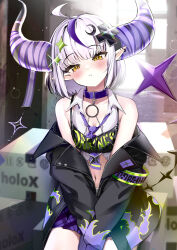 Rule 34 | 1girl, absurdres, ahoge, bare shoulders, black jacket, blush, breasts, choker, closed mouth, collared shirt, crop top, demon horns, earrings, hair ornament, head tilt, highres, hololive, horns, jacket, jewelry, la+ darknesss, la+ darknesss (casual), long sleeves, looking at viewer, midriff, miniskirt, multicolored hair, navel, off shoulder, open clothes, open jacket, pleated skirt, pointy ears, purple choker, purple skirt, shirt, short hair, sitting, skirt, sleeveless, sleeveless shirt, small breasts, solo, stomach, streaked hair, suspenders, tate yukimi, v arms, virtual youtuber, white hair, white shirt, yellow eyes