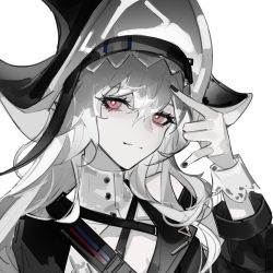 Rule 34 | 1girl, arknights, black dress, black hat, black nails, bright pupils, dress, grey eyes, grey hair, hand up, hat, highres, long hair, long sleeves, looking at viewer, m/, nail polish, official alternate costume, realryo720, simple background, solo, specter (arknights), specter the unchained (arknights), two-tone dress, white background, white dress, white pupils