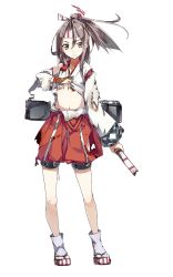 Rule 34 | 10s, 1girl, aircraft, airplane, bad anatomy, blush, bow (weapon), brown eyes, brown hair, burnt clothes, clog sandals, covering breasts, covering privates, damaged, frown, full body, gloves, hachimaki, hair ribbon, hakama, hakama skirt, headband, high ponytail, japanese clothes, kantai collection, konishi (koconatu), light brown hair, long hair, navel, official art, okobo, partially fingerless gloves, partly fingerless gloves, personification, ponytail, red hakama, ribbon, sandals, single glove, skirt, solo, transparent background, weapon, yugake, zuihou (kancolle)
