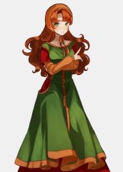 Rule 34 | 1girl, blush, breasts, closed mouth, curly hair, dragon quest, dragon quest vii, dress, green eyes, highres, hood, jewelry, long hair, looking at viewer, maribel (dq7), orange hair, simple background, smile, solo, white background
