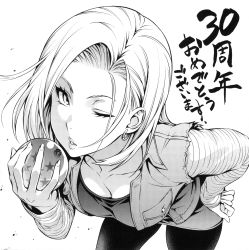 Rule 34 | ;d, absurdres, android 18, bent over, black pantyhose, black shirt, breasts, cleavage, collarbone, dragon ball, dragonball z, earrings, greyscale, highres, jacket, jewelry, lips, long sleeves, looking at viewer, medium breasts, monochrome, one eye closed, open mouth, pantyhose, parted bangs, parted lips, saeki shun, shirt, short hair, skirt, smile, solo, text focus, torn clothes, torn sleeves
