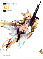 Rule 34 | 1girl, absurdly long hair, absurdres, animal ears, assault rifle, asymmetrical legwear, barcode, barcode tattoo, black thighhighs, blonde hair, blouse, blue eyes, cartridge, cat ears, character name, clenched hands, eyebrows, finger on trigger, flower, full body, g41 (girls&#039; frontline), girls&#039; frontline, gloves, gun, h&amp;k g41, heckler &amp; koch, heterochromia, highres, holding, holding weapon, long hair, looking at viewer, low-tied long hair, magazine (weapon), mismatched legwear, navel, non-web source, ns (ntrsis), official art, open mouth, panties, red eyes, rifle, scan, see-through, shirt, simple background, solo, star (symbol), tattoo, thighhighs, twintails, underwear, very long hair, weapon, white background, white panties, white shirt, white thighhighs
