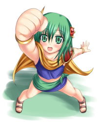 Rule 34 | 1990s (style), 1girl, :d, arm up, cape, clenched hand, final fantasy, final fantasy iv, green eyes, green hair, matching hair/eyes, morimoto kiyona, open mouth, rydia (ff4), sandals, short hair, smile, solo, aged down