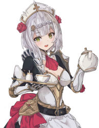 Rule 34 | 1girl, :d, absurdres, armor, armored dress, ascot, belt, blunt bangs, braid, crown braid, cup, flower, gauntlets, genshin impact, green eyes, hair flower, hair ornament, highres, holding, holding teapot, holding tray, kiukoma, looking at viewer, noelle (genshin impact), open mouth, red ascot, rose, smile, solo, teacup, teapot, tray, upper body, white background, white hair