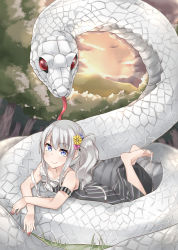 Rule 34 | 1girl, bad id, bad pixiv id, bare shoulders, barefoot, blue eyes, dress, fingernails, flower, hair flower, hair ornament, highres, legs up, long fingernails, long hair, looking at viewer, lying, nail polish, on stomach, original, side ponytail, silver hair, smile, snake, solo, striped clothes, striped dress, super nagoyaka, the pose, tree