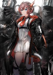 Rule 34 | 1girl, 4others, absurdres, black coat, blue eyes, closed mouth, coat, commentary, covered navel, dress, gawako, hands in pockets, headset, highres, long sleeves, multiple others, necktie, original, paw print, red hair, red necktie, short dress, short hair, solo focus, standing, symbol-only commentary, thigh strap, white dress