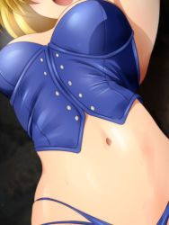 Rule 34 | 1girl, alice margatroid, armpits, arms up, blonde hair, blue panties, blue vest, breasts, buttons, cleavage, commentary request, head out of frame, medium breasts, midriff, navel, navel focus, open mouth, panties, stomach, touhou, underwear, vest, yadokari genpachirou