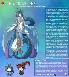 Rule 34 | 1boy, 1girl, absurdly long hair, articuno, artist name, bird legs, blue background, blue feathers, blue hair, blue lips, blue wings, character name, character profile, commentary, creatures (company), dress, english commentary, english text, feathered wings, feathers, game freak, gen 1 pokemon, harpy, hat feather, highres, kinkymation, legendary pokemon, long hair, monster girl, nintendo, personification, poke ball, poke ball (basic), pokemon, purple hair, red eyes, talons, tiara, very long hair, white dress, winged arms, wings