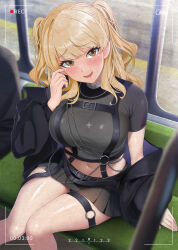 Rule 34 | 1girl, absurdres, battery indicator, black jacket, black panties, black shirt, black skirt, blonde hair, blush, breasts, breath, brown eyes, chain, chest harness, crop top, cropped shirt, crosshair, gegegeteikoku, harness, highres, jacket, large breasts, leather belt, long hair, looking at viewer, miniskirt, navel, nijisanji, no mask, o-ring, o-ring thigh strap, official alternate costume, official alternate hairstyle, open clothes, open jacket, open mouth, panties, pleated skirt, recording, shirt, short sleeves, silver choker, sister claire, sister claire (9th costume), sitting, skirt, smile, solo focus, thigh strap, thighs, train interior, two side up, underwear, virtual youtuber, window