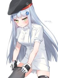 Rule 34 | 1girl, beret, black thighhighs, blush, breasts, buttons, character name, commentary request, cross, dressing, facepaint, girls&#039; frontline, gloves, green eyes, hajin, hat, hk416 (girls&#039; frontline), iron cross, long hair, looking at viewer, medium breasts, shirt, short sleeves, silver hair, simple background, solo, thighhighs, very long hair, wavy mouth, white background, white shirt