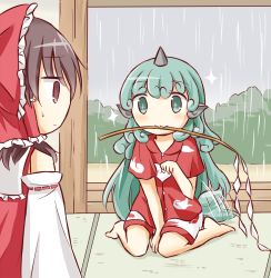 Rule 34 | + +, 2girls, :3, arm up, barefoot, between legs, blush, bow, brown eyes, brown hair, curly hair, detached sleeves, expressionless, forest, gohei, green eyes, hair bow, hakurei reimu, hand between legs, highres, horns, indoors, kariyushi shirt, komano aunn, long hair, looking at another, medium hair, motion blur, mouth hold, multiple girls, nature, open door, overcast, paw pose, puchimirin, rain, red vest, shorts, single horn, sitting, sky, sparkle, sweatdrop, tail, tail wagging, tatami, touhou, upper body, veranda, very long hair, vest, wariza