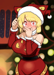 Rule 34 | 1girl, absurdres, alternate costume, belt, black belt, blonde hair, blush, breasts, christmas, christmas tree, commentary request, covering own mouth, cowboy shot, detached sleeves, dress, fur-trimmed dress, fur-trimmed sleeves, fur trim, hat, highres, jewelry, kurodani yamame, large breasts, looking at viewer, open mouth, red dress, red eyes, red hat, red sleeves, ribbon, ring, rinyamame, santa dress, santa hat, short hair, solo, strapless, touhou, yellow ribbon