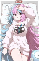 Rule 34 | 1girl, :o, absurdres, alternate costume, alternate eye color, arm at side, arm up, blue hair, breasts, brown eyes, commentary request, creatures (company), eyes visible through hair, from above, game freak, green hair, hand on own forehead, head on pillow, highres, hood, hood down, hoodie, iono (pokemon), light blush, long hair, long sleeves, looking at viewer, lying, medium breasts, messy hair, multicolored hair, nintendo, no pants, on back, open mouth, pillow, pink hair, pokemon, pokemon sv, shabana may, shiny skin, solo, star (symbol), star print, two-tone hair, very long hair, white hoodie