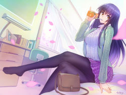 Rule 34 | 1girl, aran sweater, artist name, bag, black hair, black pantyhose, book, breasts, brown eyes, cable knit, chair, crossed legs, curtains, dated, def (chronowarld), desk, drinking, drinking straw, artistic error, feet, handbag, highres, juice box, lamp, large breasts, long hair, long sleeves, looking at viewer, medium breasts, no shoes, original, pantyhose, petals, picture frame, pleated skirt, shirt, signature, sitting, skirt, solo, sweater, white shirt, window, wrong foot