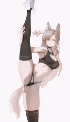 Rule 34 | 1girl, abs, absurdres, animal ears, armpits, black panties, black thighhighs, blush, cameltoe, cleavage cutout, clothing cutout, covered erect nipples, eun soyeon (lustyfox), fingernails, flexible, halterneck, highres, jin rou, light brown hair, long hair, mole, mole on crotch, mole under eye, multi-strapped panties, nail polish, navel, one eye closed, original, panties, pink nails, shoes, skindentation, sneakers, solo, split, spread legs, standing, standing on one leg, standing split, sweat, tail, thighhighs, underwear, wince, yellow eyes